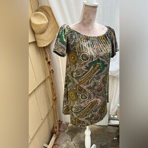 24 Seven Comfort Apparel Brand - Paisley Off Shoulder A-Line Mini Dress
